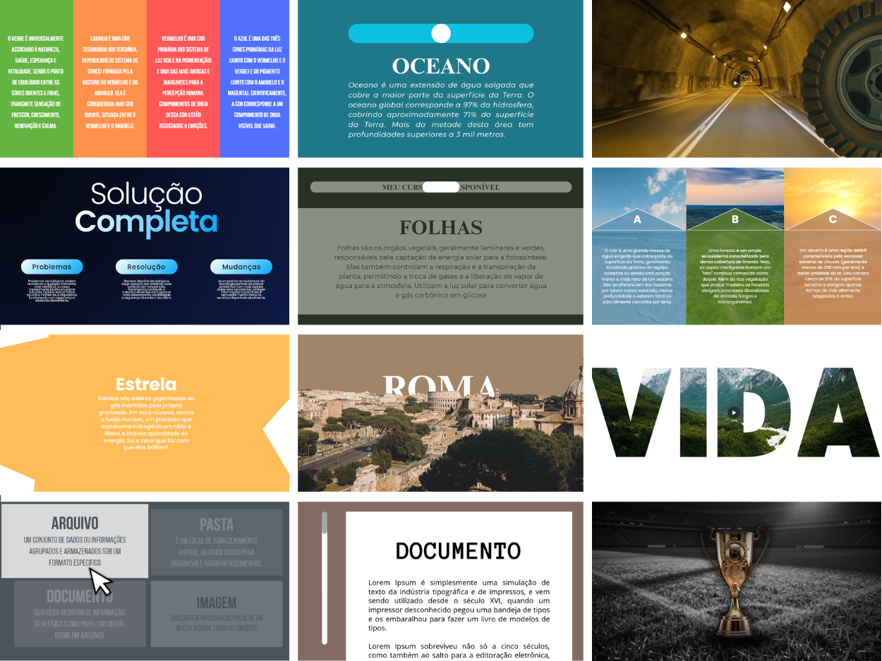 Prévia dos templates editáveis no Canva do pacote Impacto Visual